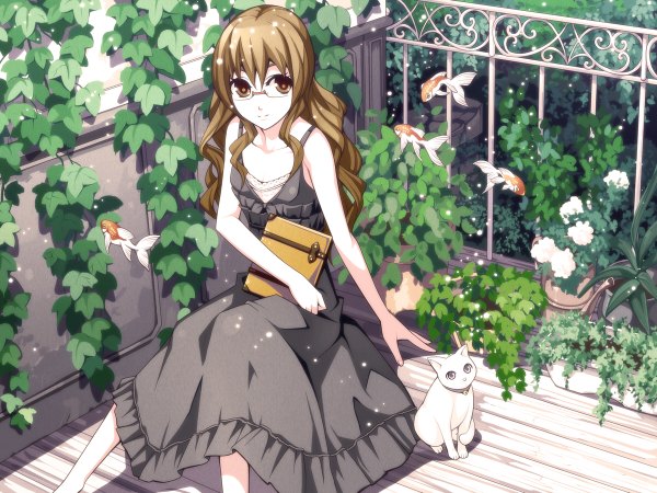 Anime picture 1200x900 with torigoe takumi long hair brown hair brown eyes girl plant (plants) glasses book (books) cat sundress fish (fishes)