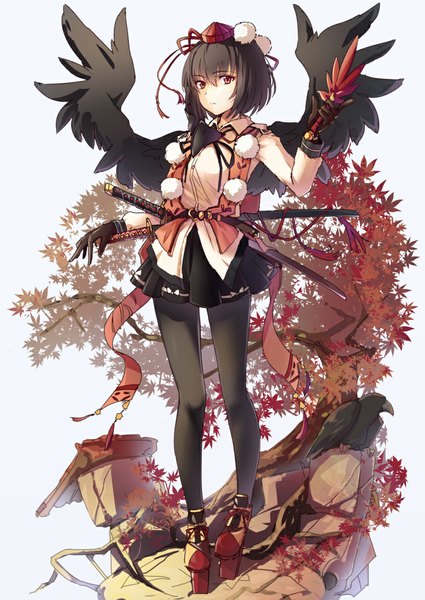 Anime picture 803x1133 with touhou shameimaru aya cibo (killy) single tall image looking at viewer short hair black hair red eyes standing black wings sheathed girl skirt gloves weapon miniskirt animal pantyhose sword