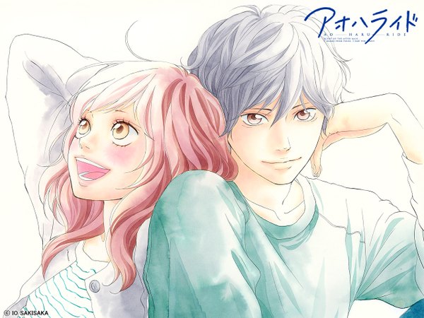 Anime picture 1280x960 with ao haru ride yoshioka futaba mabuchi kou sakisaka io long hair looking at viewer blush fringe open mouth smile brown eyes red hair profile official art couple happy looking up hand on face hand on cheek girl