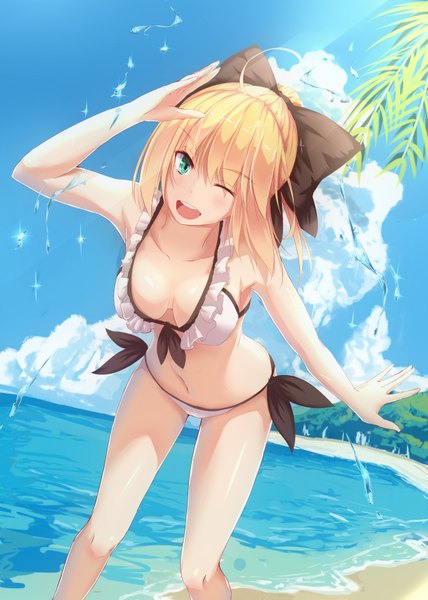 Anime picture 2500x3500 with fate (series) fate/stay night fate/unlimited codes artoria pendragon (all) saber saber lily bakanoe single long hair tall image looking at viewer fringe highres breasts open mouth light erotic blonde hair smile hair between eyes standing