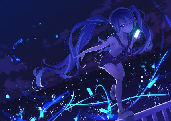 Anime picture 1023x723 with vocaloid hatsune miku urbandusk single looking at viewer blue eyes twintails blue hair sky cloud (clouds) very long hair night running girl headphones mobile phone