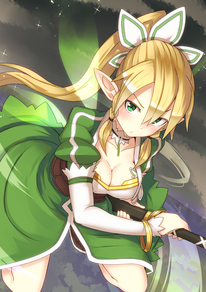 Anime picture 800x1132 with sword art online a-1 pictures leafa nosuku single long hair tall image looking at viewer blush blonde hair cleavage ponytail fighting stance ready to draw girl hair ornament weapon detached sleeves sword wings