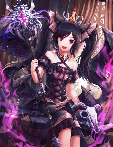 Anime picture 1388x1800 with original lunacle single long hair tall image looking at viewer open mouth black hair sitting purple eyes twintails bare shoulders payot black wings girl dress detached sleeves wings black dress staff
