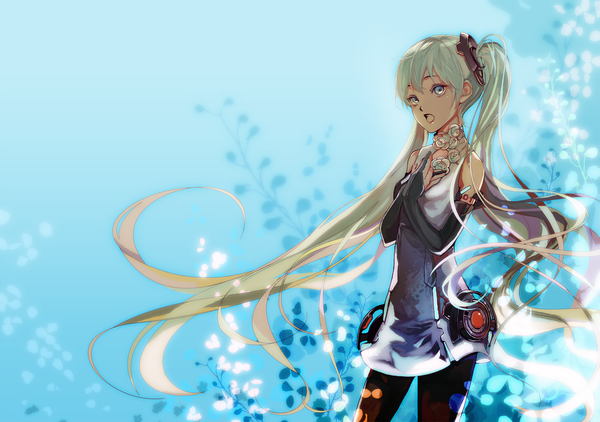 Anime picture 1477x1040 with vocaloid vocaloid append hatsune miku hatsune miku (append) tagme (artist) single long hair looking at viewer blush open mouth twintails bare shoulders aqua eyes aqua hair turning head hand on chest blue background girl dress short dress