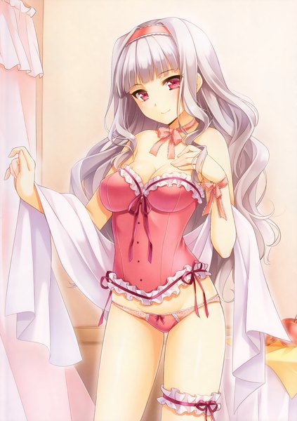 Anime picture 2115x3000 with idolmaster shijou takane k.y ko single long hair tall image highres light erotic red eyes bare shoulders silver hair scan underwear only girl underwear panties frills hairband corset