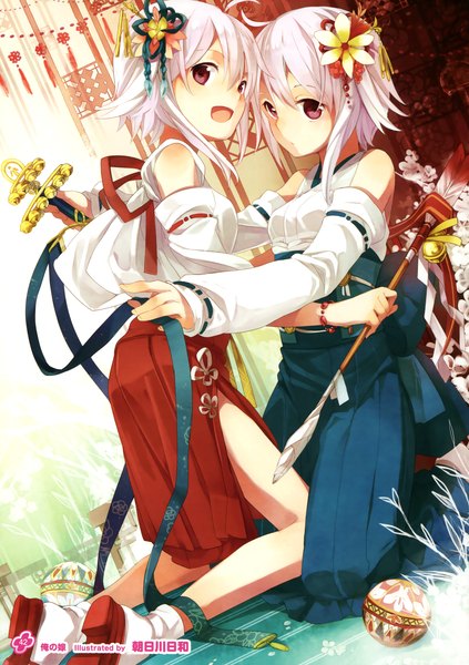 Anime picture 2536x3600 with girls, girls, girls! 11 (artbook) asahikawa hiyori tall image looking at viewer blush highres short hair open mouth red eyes multiple girls white hair traditional clothes scan official art girl hair ornament flower (flowers) ribbon (ribbons) 2 girls detached sleeves
