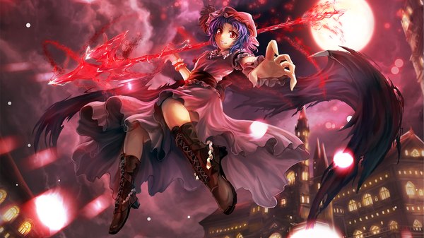 Anime picture 1920x1080 with touhou remilia scarlet freeze-ex single looking at viewer highres short hair smile red eyes wide image purple hair cloud (clouds) bent knee (knees) from below light lacing black wings red moon girl dress