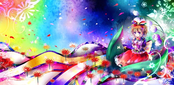Anime picture 1549x765 with touhou medicine melancholy kazu (muchuukai) short hair blonde hair wide image purple eyes multicolored girl dress flower (flowers) ribbon (ribbons) hair ribbon petals insect butterfly higanbana lily of the valley