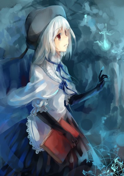 Anime picture 1032x1464 with dhiea single long hair tall image red eyes white hair girl dress gloves ribbon (ribbons) hat elbow gloves book (books)