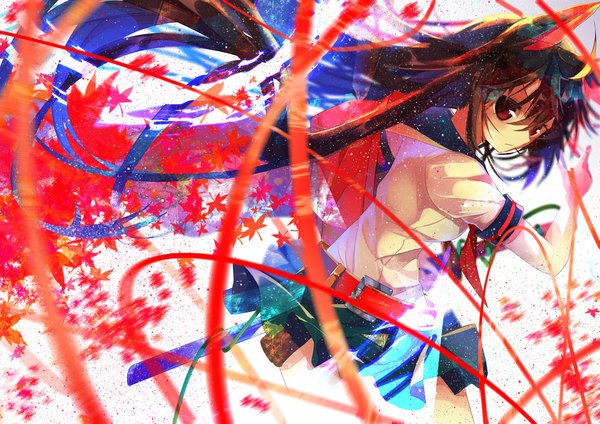 Anime picture 1075x761 with original asaki yukiko nekoboshi sakko single long hair brown hair standing brown eyes animal ears pleated skirt looking back wind cat ears short sleeves light girl skirt uniform ribbon (ribbons) weapon