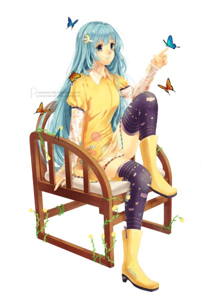 Anime picture 800x1156 with original rosuuri single long hair tall image blue eyes simple background white background aqua hair butterfly on hand girl thighhighs hair ornament hairclip insect butterfly thigh boots
