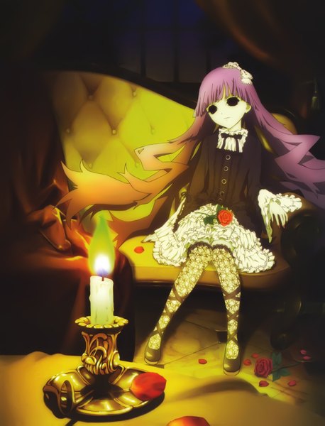 Anime picture 2905x3801 with shiki sunako kirishiki long hair tall image highres purple hair goth-loli hollow eyes girl flower (flowers) petals rose (roses) couch candle (candles)