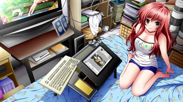 Anime picture 1366x768 with original ilolamai single long hair wide image yellow eyes red hair girl shorts book (books) monitor computer computer keyboard