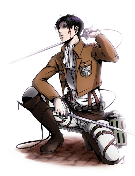 Anime picture 800x1040 with shingeki no kyojin production i.g levi (rivaille) marichi single tall image black hair simple background white background holding looking away black eyes squat dual wielding boy weapon sword jacket boots belt