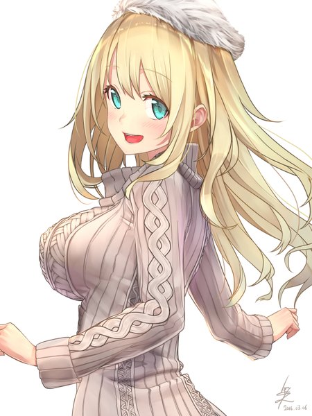 Anime picture 2400x3200 with kantai collection atago heavy cruiser baffu single long hair tall image looking at viewer blush fringe highres breasts open mouth simple background blonde hair smile hair between eyes large breasts white background signed payot
