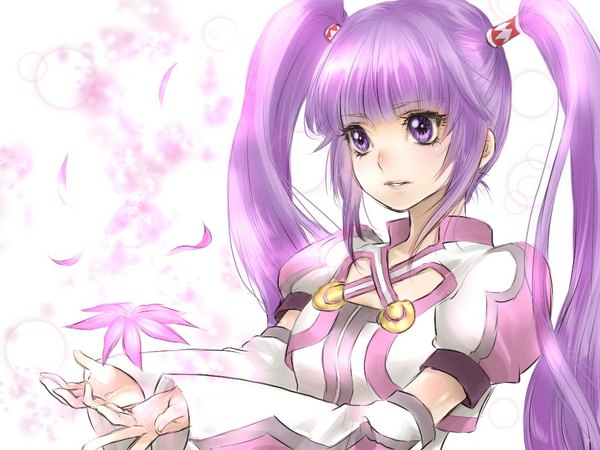 Anime picture 1024x768 with tales of graces sophie (tales) single long hair purple eyes twintails purple hair girl flower (flowers) detached sleeves petals