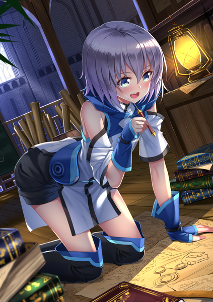 Anime picture 1032x1463 with knight's & magic 8bit ernesti echevarria swordsouls single tall image fringe short hair open mouth blue eyes hair between eyes silver hair indoors :d arm support dutch angle kneeling looking down flat chest light
