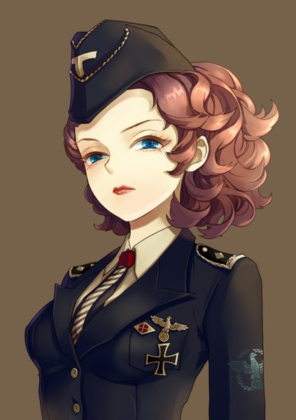 Anime picture 1748x2480 with ayase1124 single tall image looking at viewer highres short hair blue eyes simple background brown hair lipstick brown background curly hair girl uniform necktie military uniform field cap