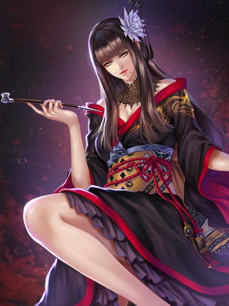 Anime picture 1350x1805 with final fantasy final fantasy xiv square enix yotsuyu (ff14) pengnangehao single long hair tall image looking at viewer fringe black hair yellow eyes cleavage bent knee (knees) blunt bangs nail polish traditional clothes japanese clothes hair flower off shoulder