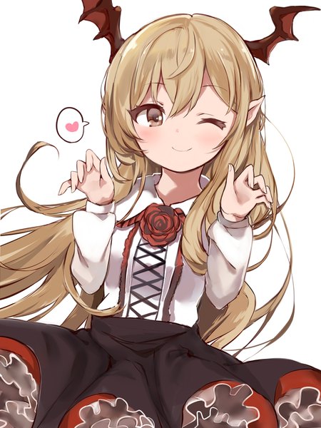 Anime picture 900x1200 with shingeki no bahamut granblue fantasy vampy caracorn single long hair tall image blush fringe simple background blonde hair smile hair between eyes white background brown eyes payot looking away long sleeves one eye closed pointy ears