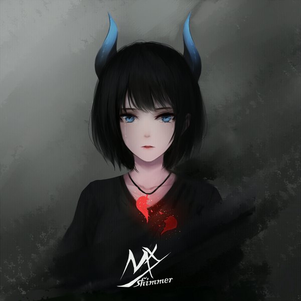 Anime picture 992x992 with original shimmer single looking at viewer blush fringe short hair blue eyes black hair signed upper body parted lips horn (horns) lips realistic lipstick tears gradient background red lipstick crying