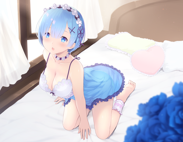 Anime picture 5906x4606 with re:zero kara hajimeru isekai seikatsu white fox rem (re:zero) cait single blush fringe highres short hair breasts open mouth blue eyes light erotic hair between eyes large breasts sitting blue hair absurdres cleavage full body