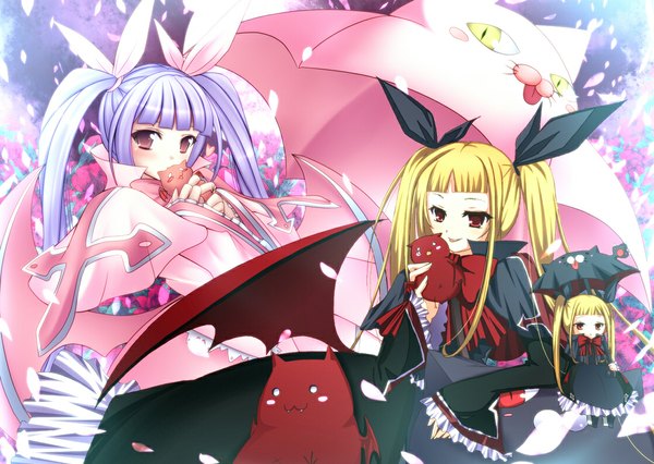 Anime picture 1115x792 with blazblue rachel alucard gii nago mikan (5555) long hair blonde hair smile twintails multiple girls purple hair loli chibi bat wings girl dress bow hair bow petals wings