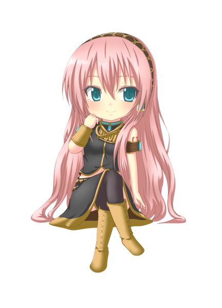 Anime picture 1445x2004 with vocaloid megurine luka kuena single long hair tall image blue eyes simple background smile white background pink hair crossed legs chibi girl