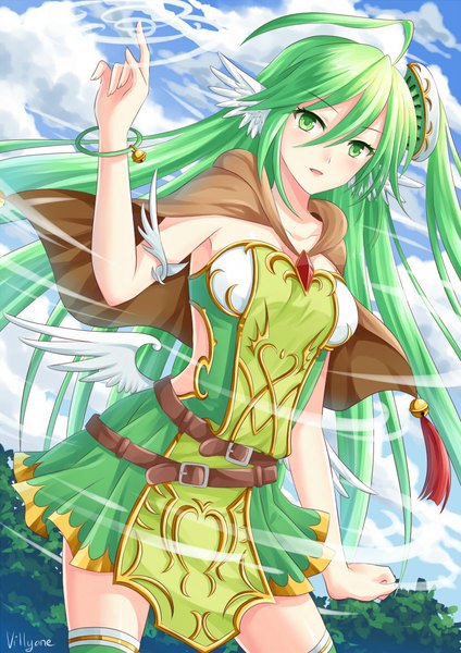 Anime picture 826x1169 with original villyane single long hair tall image blush open mouth smile green eyes sky cloud (clouds) ahoge ponytail green hair side ponytail head wings girl thighhighs plant (plants) wings