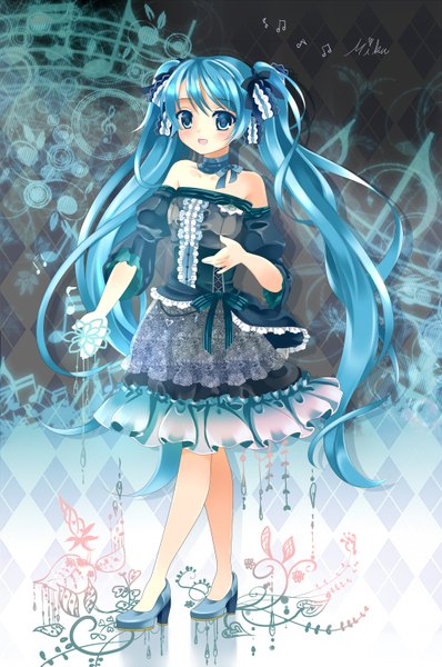 Anime picture 1000x1505 with vocaloid hatsune miku puracotte single long hair tall image blush open mouth blue eyes twintails blue hair girl dress ribbon (ribbons) hair ribbon