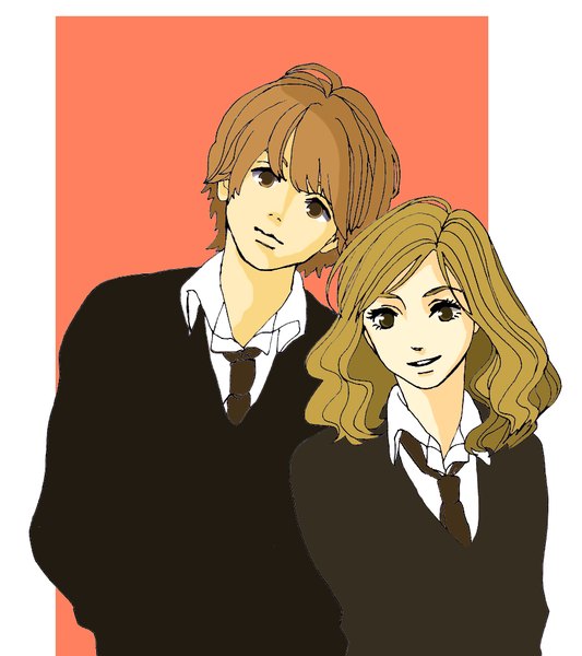 Anime picture 901x1014 with harry potter hermione granger ron weasley pi- suke long hair tall image looking at viewer fringe short hair brown eyes yellow eyes head tilt lips couple wavy hair hands behind back open collar girl boy uniform