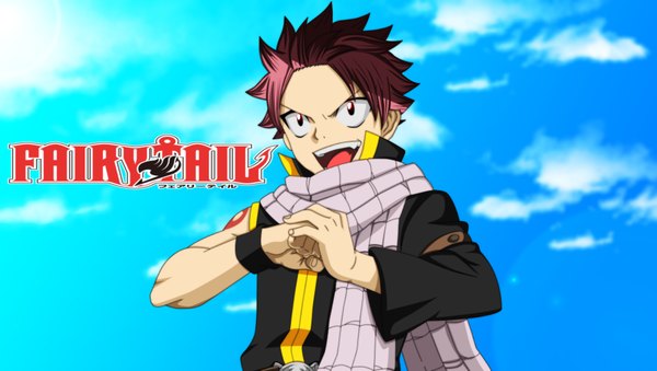 Anime picture 2000x1130 with fairy tail natsu dragneel advance996 single highres short hair open mouth smile wide image pink hair sky cloud (clouds) black eyes sunlight inscription coloring boy scarf sun wristlet