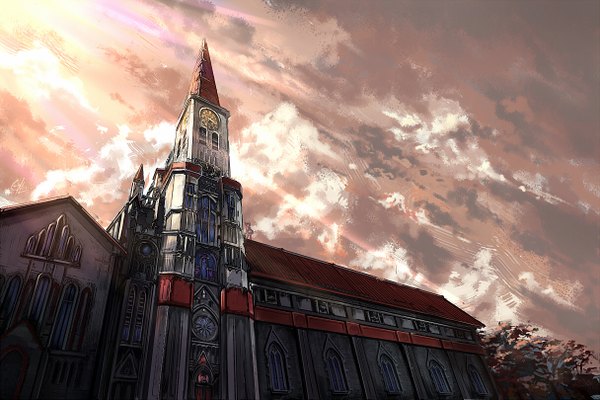 Anime picture 1215x810 with touhou izayoi sakuya c.z. sky cloud (clouds) sunlight no people plant (plants) tree (trees) clock castle clock tower