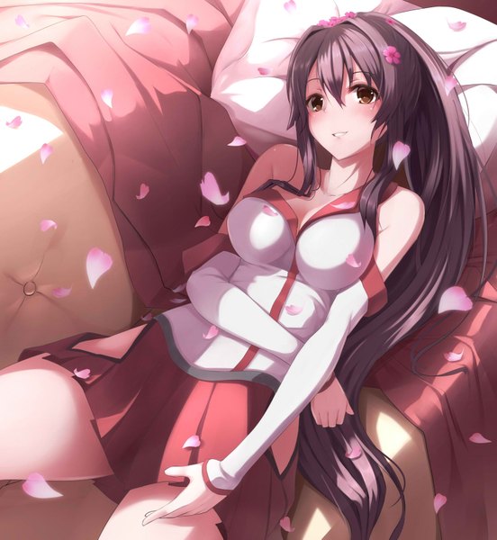 Anime picture 1476x1603 with kantai collection yamato super battleship nicoby single long hair tall image looking at viewer blush black hair smile brown eyes ponytail girl skirt detached sleeves petals pillow couch