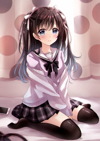 Anime picture 841x1188 with original sakura hiyori single long hair tall image looking at viewer blush blue eyes black hair sitting full body two side up wariza girl thighhighs skirt uniform ribbon (ribbons) black thighhighs hair ribbon