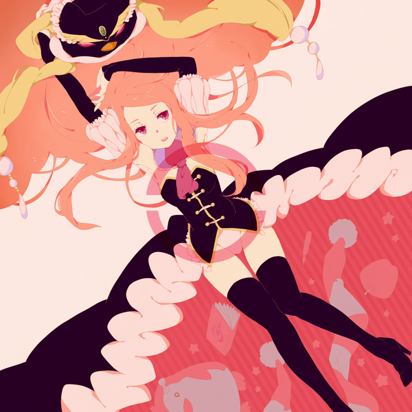 Anime picture 2200x2200 with mawaru penguindrum takakura himari princess of the crystal kise (swimmt) single long hair highres open mouth lying pink eyes orange hair armpit (armpits) girl thighhighs dress gloves black thighhighs detached sleeves fingerless gloves cap