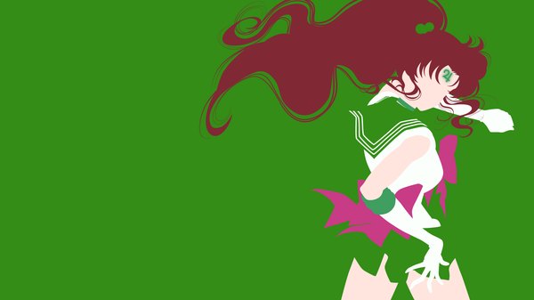 Anime picture 1920x1080 with bishoujo senshi sailor moon toei animation kino makoto sailor jupiter single long hair highres simple background brown hair wide image ponytail pleated skirt looking back facial mark silhouette green background no face girl skirt gloves