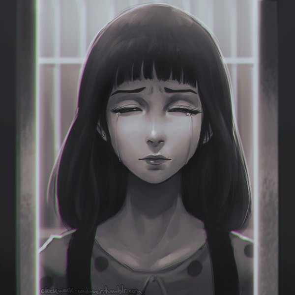 Anime picture 1024x1024 with death parade madhouse takada mai koyoriin single long hair fringe blunt bangs eyes closed lips realistic tears piercing watermark monochrome portrait eyebrows sad girl suspenders