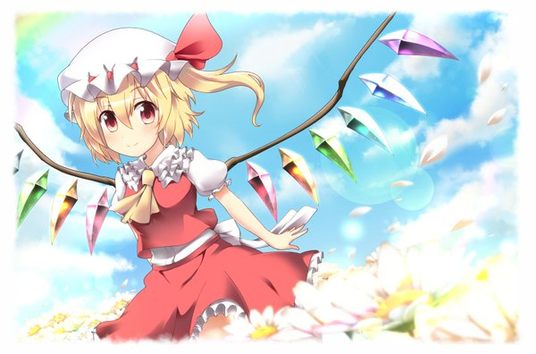 Anime picture 1590x1050 with touhou flandre scarlet bell (satappe) single short hair blonde hair smile red eyes cloud (clouds) one side up girl dress flower (flowers) wings bonnet ascot