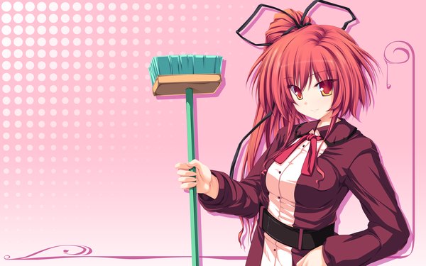 Anime picture 1920x1200 with magus tale whirlpool (studio) seera finis victoria tenmaso single long hair looking at viewer highres simple background smile red eyes wide image ponytail red hair wallpaper hand on hip side ponytail pink background girl ribbon (ribbons)