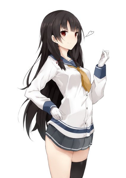Anime picture 600x848 with kantai collection isokaze destroyer akiha (attract) single long hair tall image blush fringe black hair smile red eyes standing white background twintails looking away pleated skirt hand on hip arched back tress ribbon girl