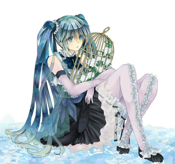 Anime picture 1035x970 with vocaloid hatsune miku single twintails very long hair aqua eyes aqua hair girl thighhighs dress skirt gloves flower (flowers) miniskirt white thighhighs elbow gloves frills cage