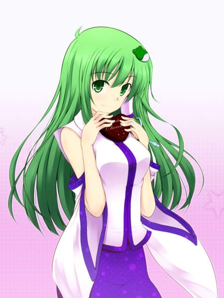 Anime picture 1200x1600 with touhou kochiya sanae tohoho (hoshinoyami) long hair tall image looking at viewer green eyes green hair valentine girl hair ornament detached sleeves food sweets hair tubes chocolate