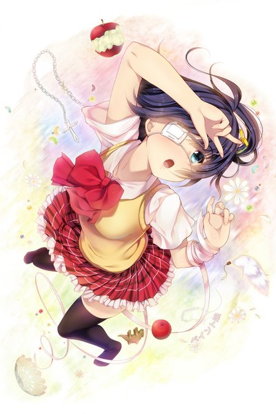 Anime picture 667x1000 with chuunibyou demo koi ga shitai! kyoto animation takanashi rikka paint musume single tall image short hair open mouth blue eyes black hair pleated skirt from above one side up girl skirt uniform flower (flowers) ribbon (ribbons) school uniform bowtie