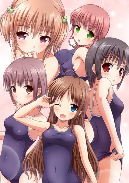 Anime picture 1169x1654 with original kk-sk-ray tall image looking at viewer blush breasts open mouth blue eyes light erotic black hair red eyes brown hair bare shoulders multiple girls brown eyes green eyes pink hair one eye closed grey hair wink