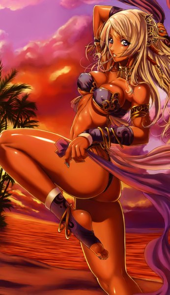 Anime picture 2015x3490 with girls museum (artbook) eiwa long hair tall image highres breasts light erotic blonde hair absurdres cloud (clouds) nail polish beach evening sunset sand girl plant (plants) tree (trees) bracelet jewelry