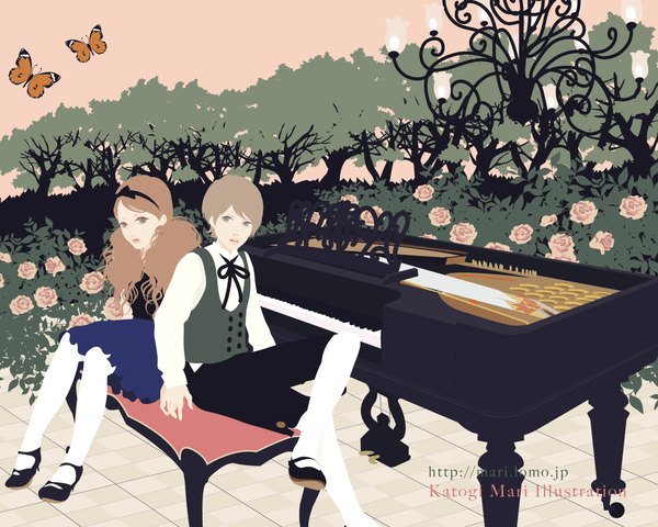 Anime picture 1280x1024 with katogi mari girl boy insect butterfly bushes piano