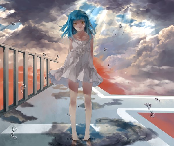 Anime picture 1306x1092 with original shintate single yellow eyes blue hair sky cloud (clouds) barefoot sunlight tears reflection girl water sundress bubble (bubbles)
