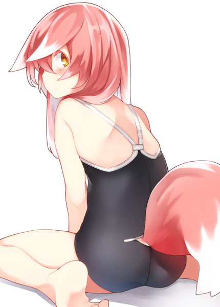 Anime picture 893x1246 with original otokuyou single long hair tall image looking at viewer blush light erotic simple background white background sitting bare shoulders animal ears yellow eyes pink hair bent knee (knees) tail animal tail profile looking back