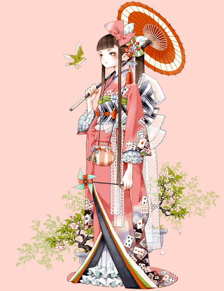 Anime picture 689x895 with original hamondo single long hair tall image blush fringe blue eyes simple background brown hair standing holding payot looking away full body ponytail blunt bangs traditional clothes japanese clothes pink background